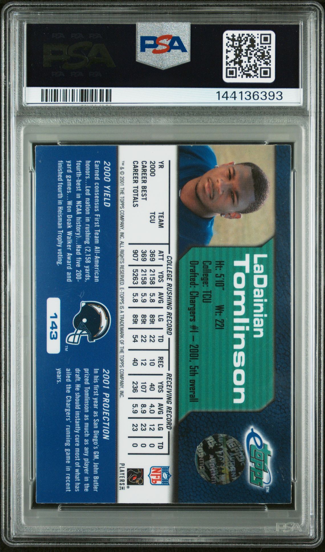 2001 Etopps Ladainian Tomlinson #143 Mint 9 back