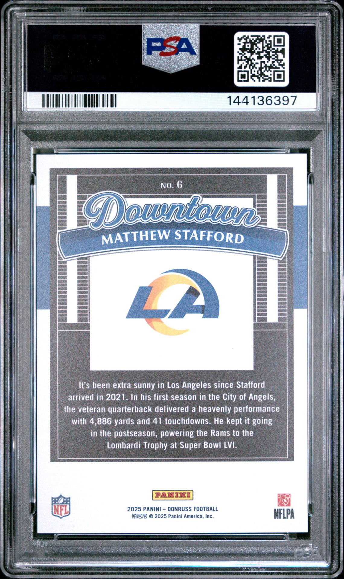 2025 Panini Donruss Downtown! Matthew Stafford #6 Gem Mt 10 back