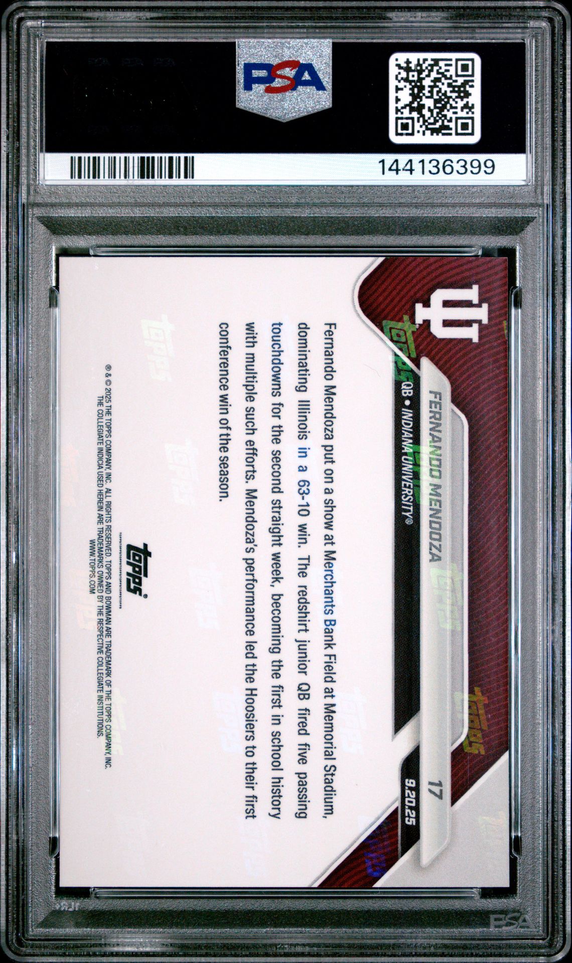 2025 Bowman U Now Fernando Mendoza #17 Gem Mt 10 back