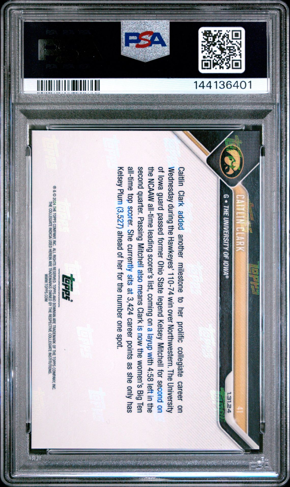 2023 Bowman U Now Caitlin Clark #41 Gem Mt 10 back