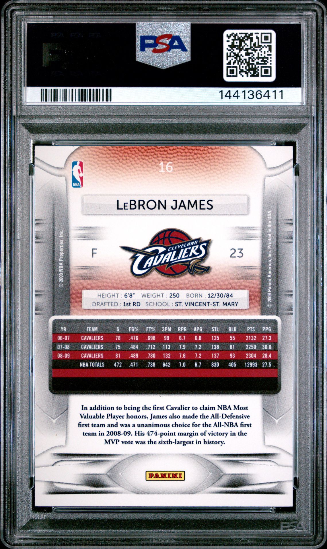 2009 Panini Prestige Lebron James #16 Gem Mt 10 back
