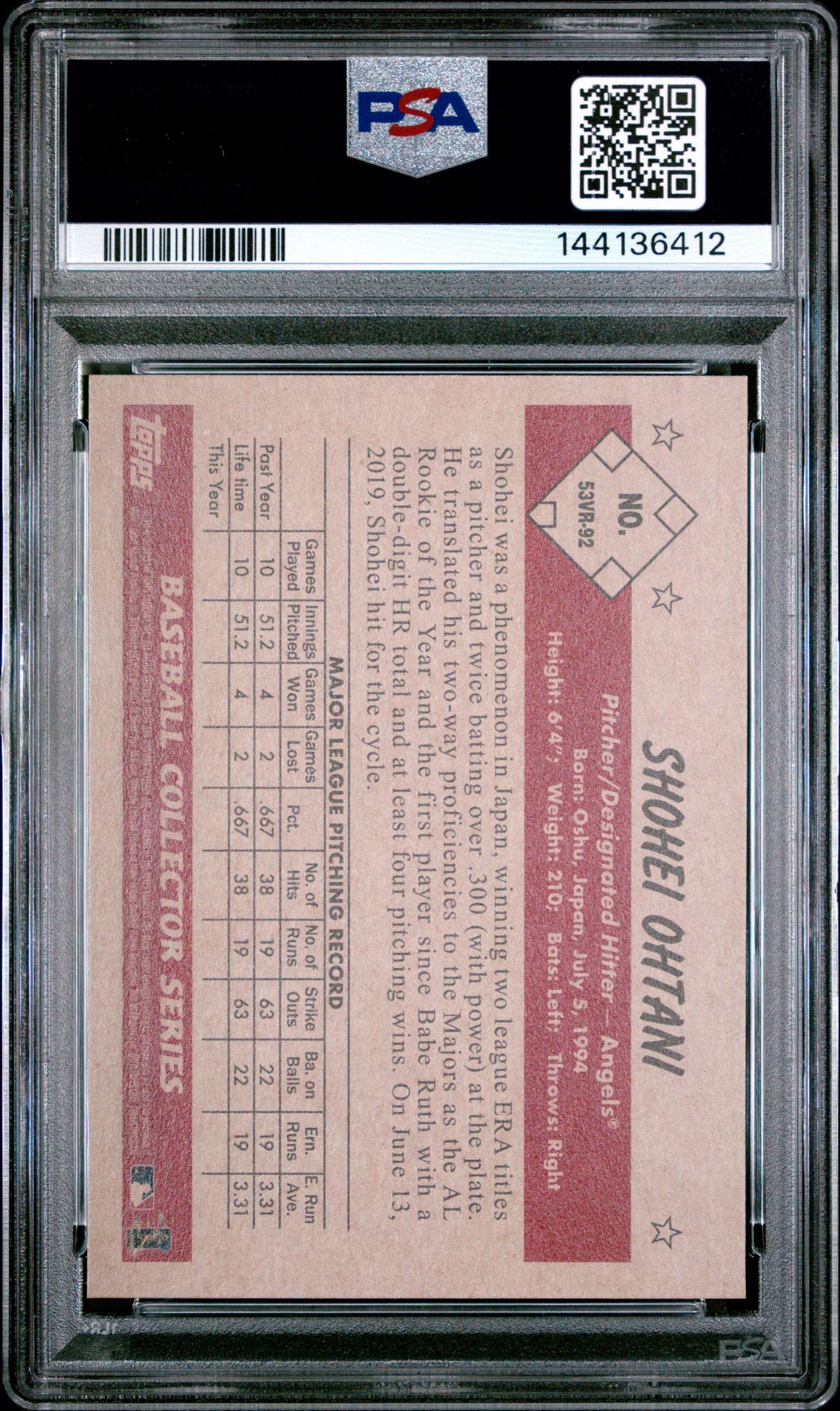 2019 Bowman Heritage Shohei Ohtani #92 Gem Mt 10 back