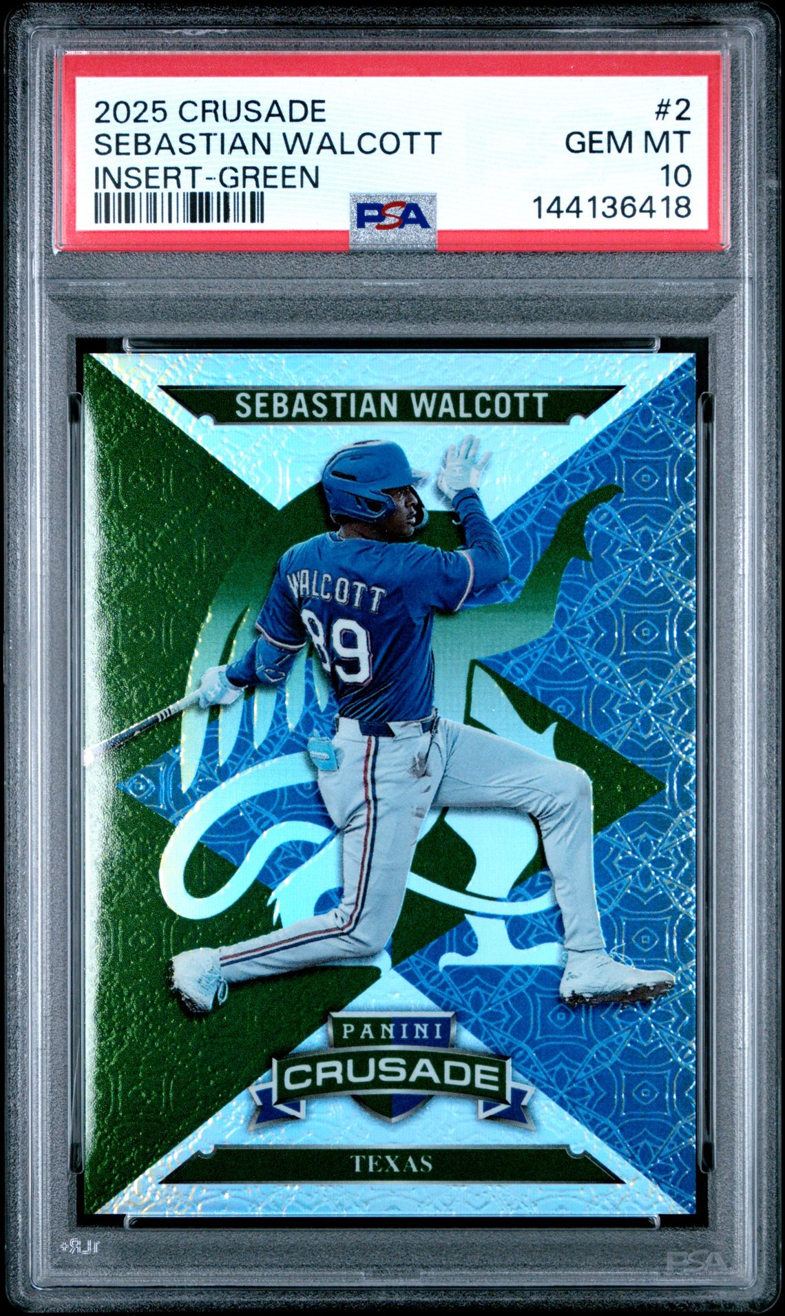 2025 Panini Crusade Crusade Inserts Sebastian Walcott #2 (Insert-Green) Gem Mt 10 front