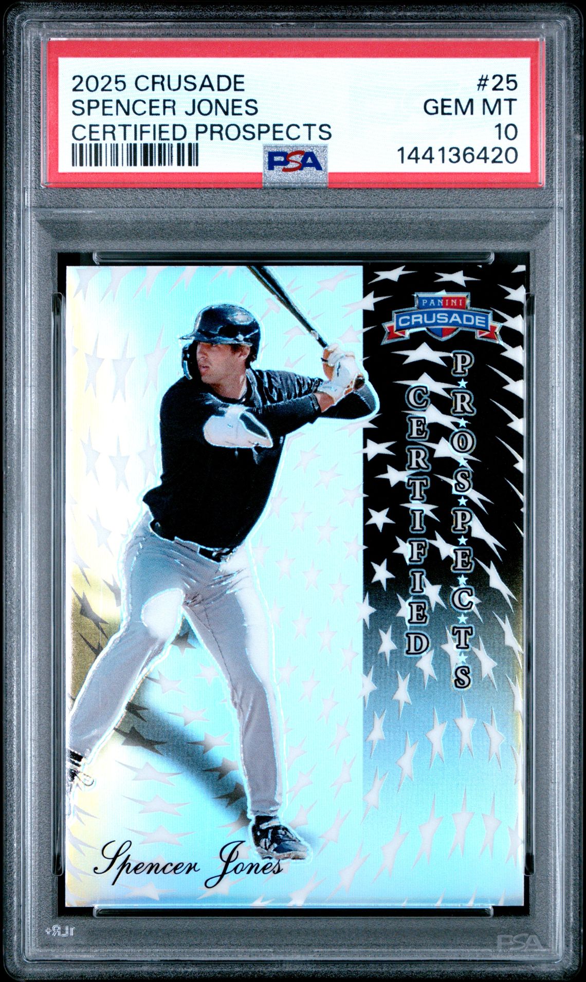 2025 Panini Crusade Certified Prospects Spencer Jones #25 Gem Mt 10 front