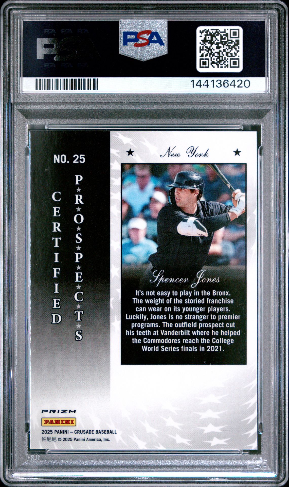 2025 Panini Crusade Certified Prospects Spencer Jones #25 Gem Mt 10 back