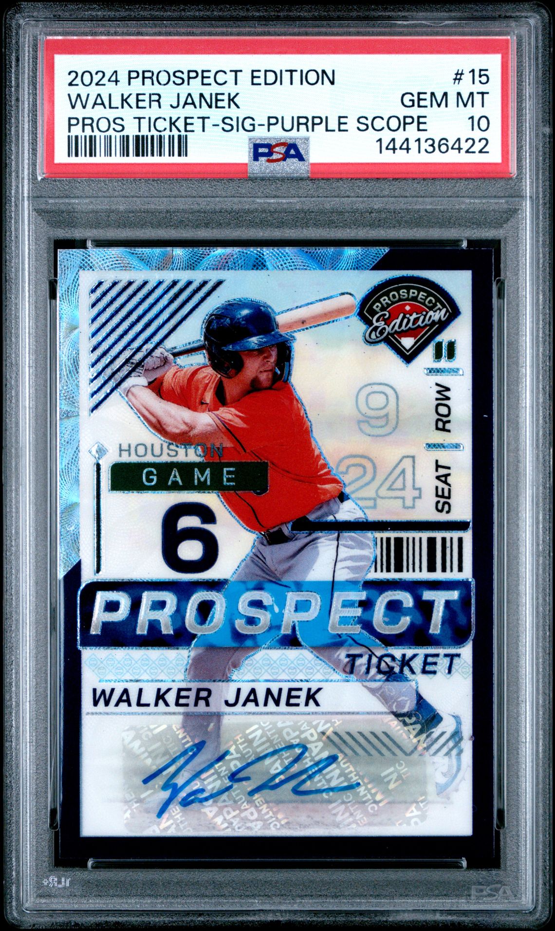 2024 Panini Prospect Edition Prospect Ticket Walker Janek #15 (Pros Ticket-Sig-Purple Scope) Gem Mt 10 front