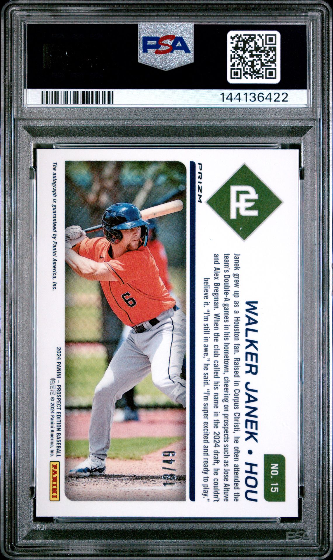 2024 Panini Prospect Edition Prospect Ticket Walker Janek #15 (Pros Ticket-Sig-Purple Scope) Gem Mt 10 back