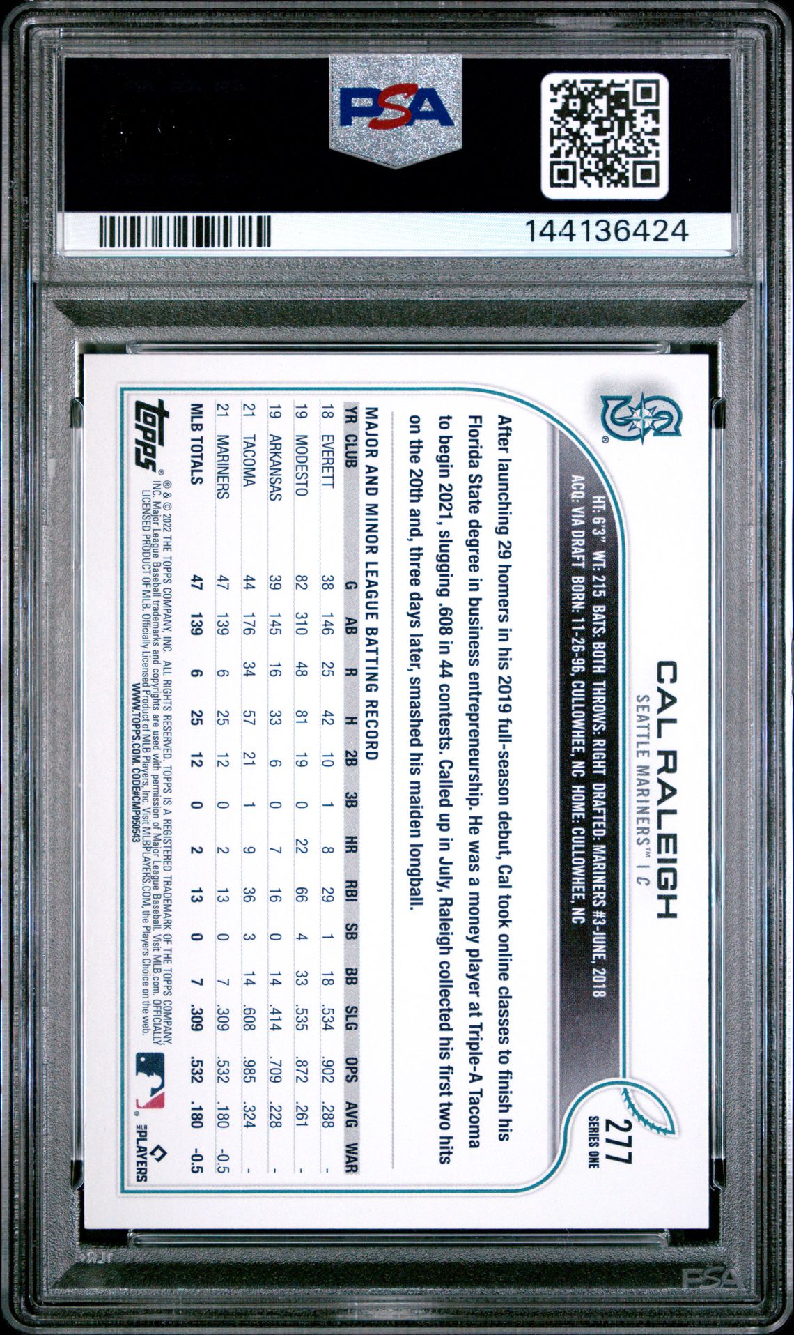 2022 Topps Cal Raleigh #277 Gem Mt 10 back