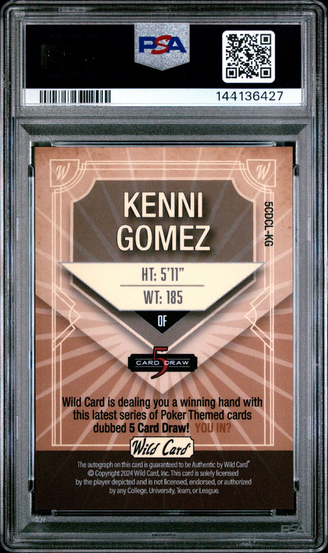 2024 Wild Card 5 Card Draw Autographs Kenni Gomez #5Cdclkg (Au-Clsc-Purple Foil-Green) Mint 9 back