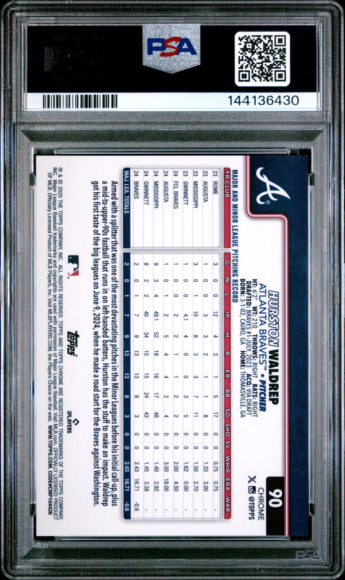 2025 Topps Chrome Logofractor Edition Hurston Waldrep #90 (Orange Refractor) Mint 9 back