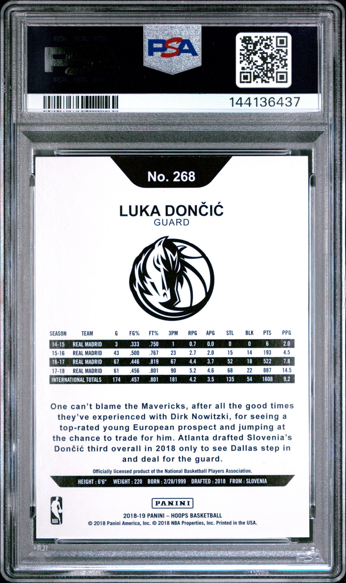2018 Panini Hoops Luka Doncic #268 Gem Mt 10 back