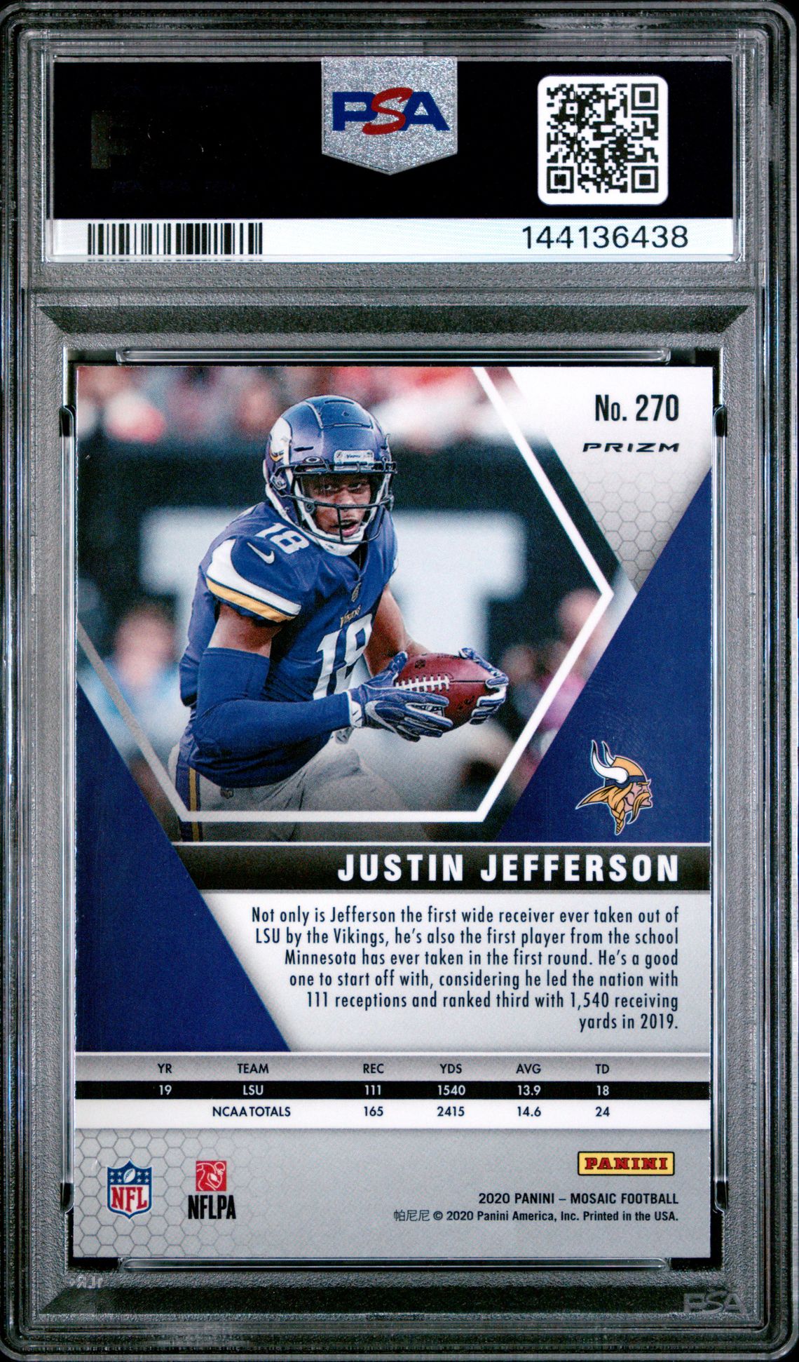 2020 Panini Mosaic Justin Jefferson #270 (Silver Prizm) Gem Mt 10 back