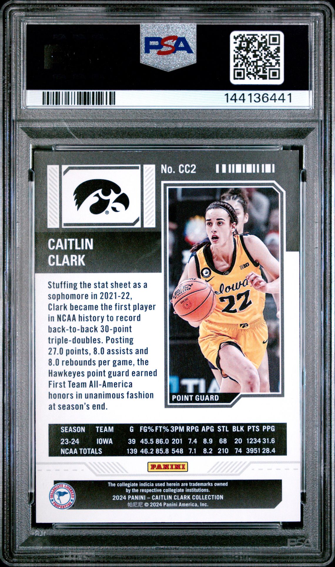 2024 Panini Caitlin Clark Collection College Contenders Caitlin Clark #Cc2 (Cllg Cont-Floating Hearts) Mint 9 back
