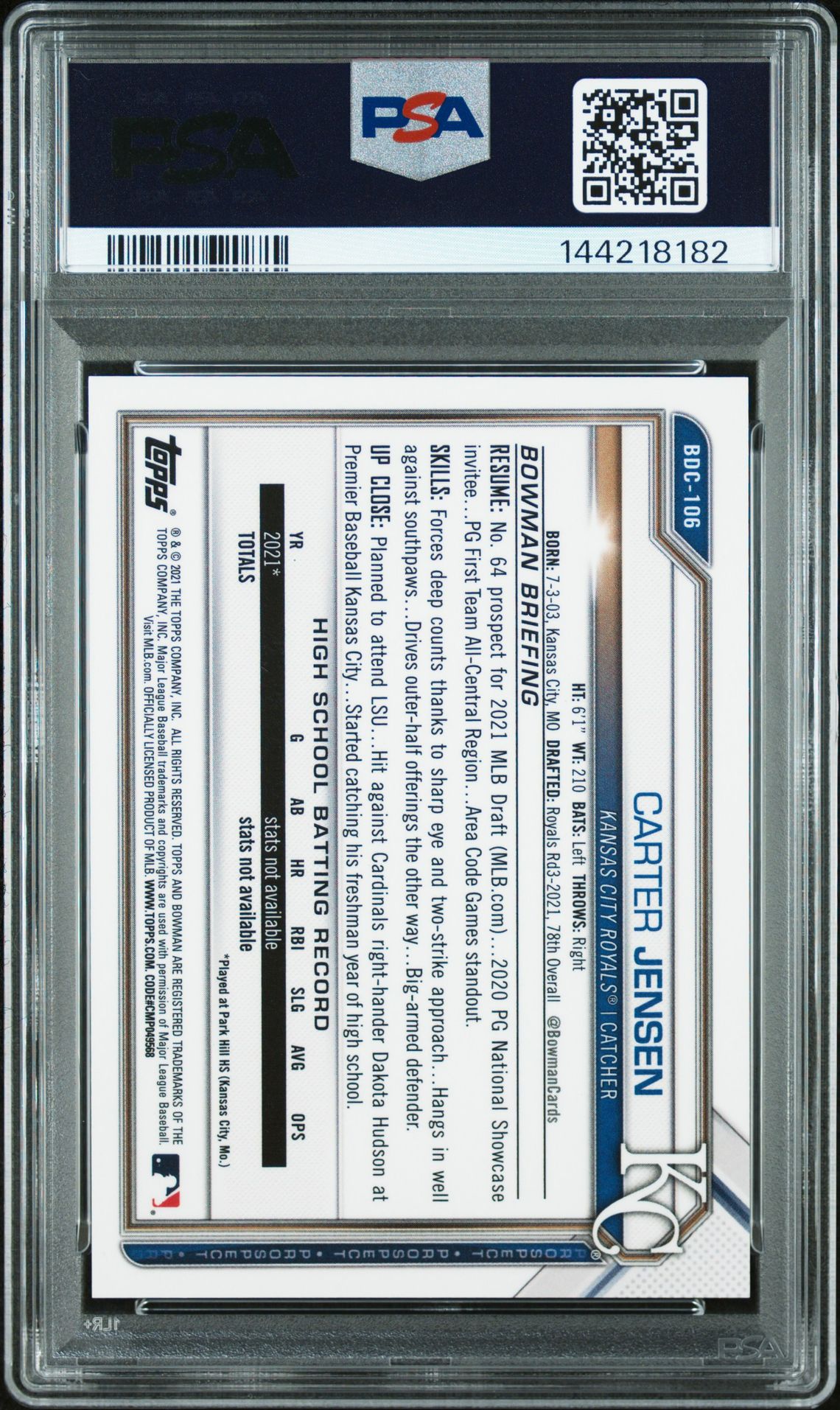 2021 Bowman Draft Carter Jensen #Bdc106 (Chrome-Green Refractor) Nm-Mt 8 back