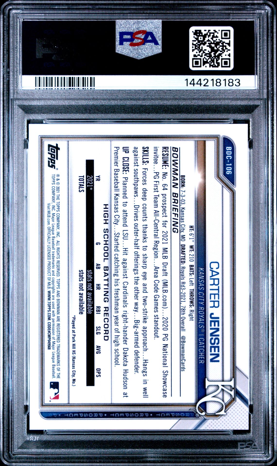 2021 Bowman Draft Carter Jensen #Bdc106 (Chrome-Blue Refractor) Mint 9 back