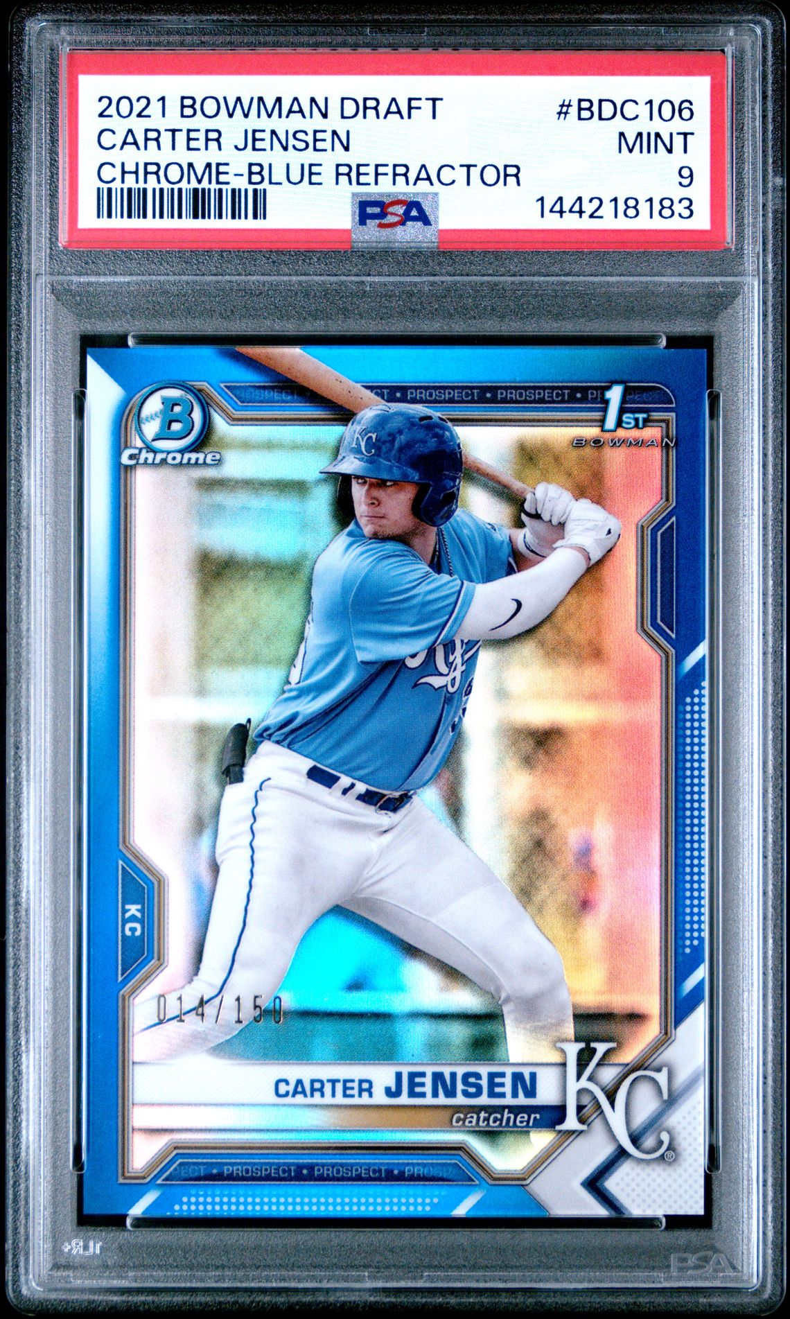 2021 Bowman Draft Carter Jensen #Bdc106 (Chrome-Blue Refractor) Mint 9 front