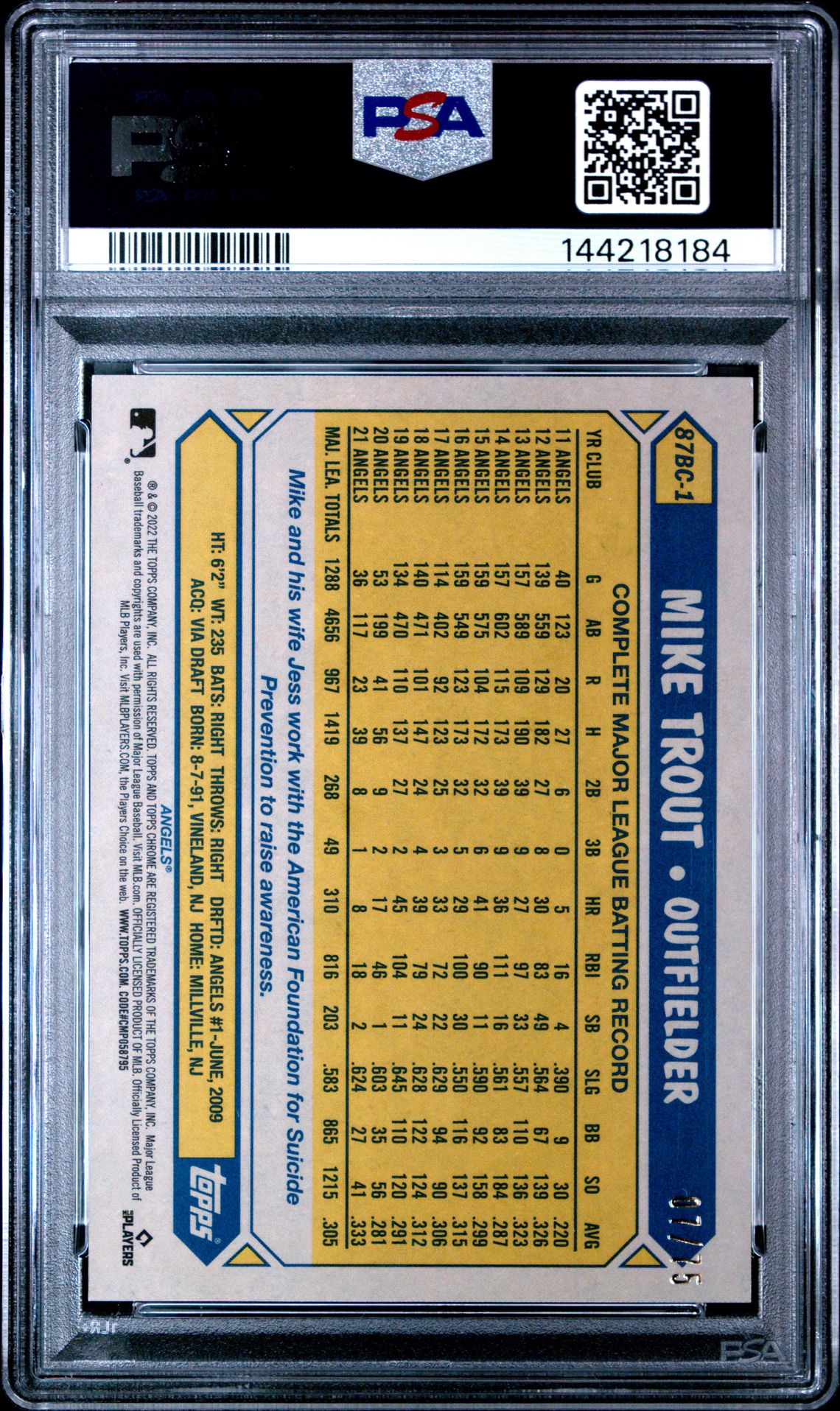 2022 Topps Chrome Ben Baller 1987 Topps Mike Trout #1 (1987 Topps-Blue Ref.) Mint 9 back