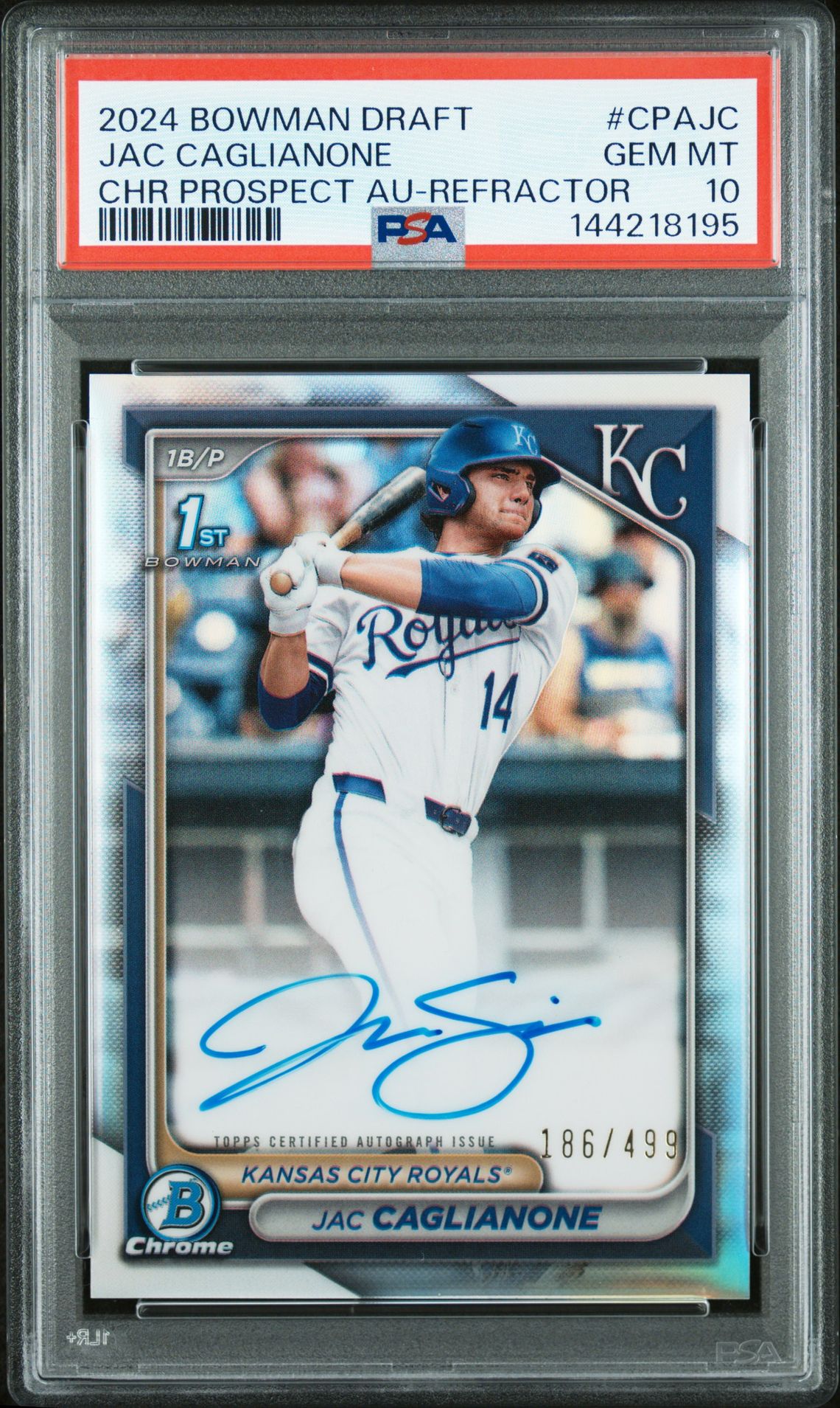 2024 Bowman Draft Chrome Prospect Autographs Jac Caglianone #Cpajc (Chr Prospect Au-Refractor) Gem Mt 10 front