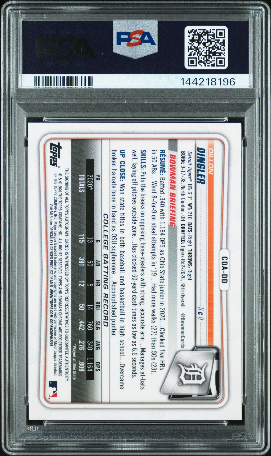 2020 Bowman Draft Chrome Draft Picks Autographs Dillon Dingler #Cdadd (Chr.dp Auto-Blue Wave Ref.) Mint 9 back