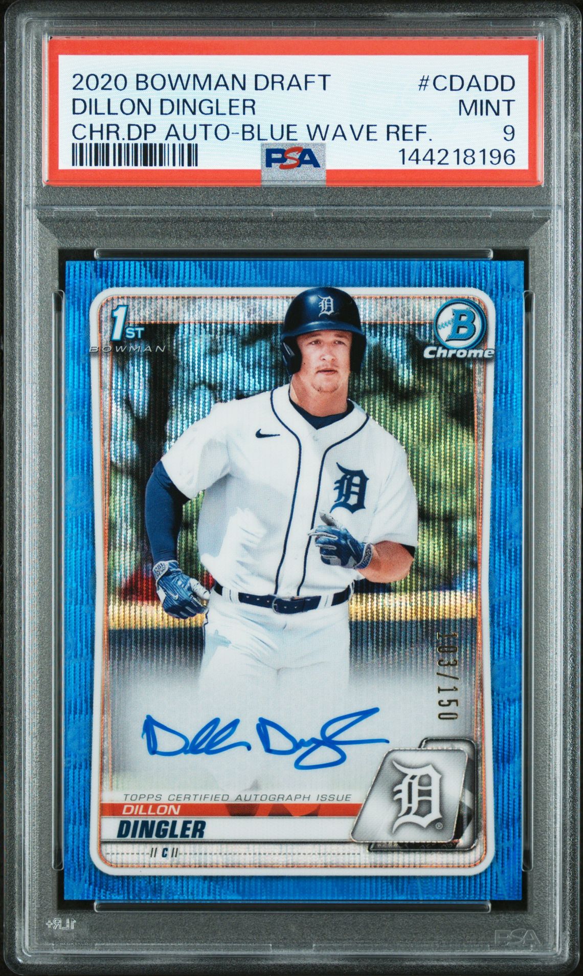 2020 Bowman Draft Chrome Draft Picks Autographs Dillon Dingler #Cdadd (Chr.dp Auto-Blue Wave Ref.) Mint 9 front