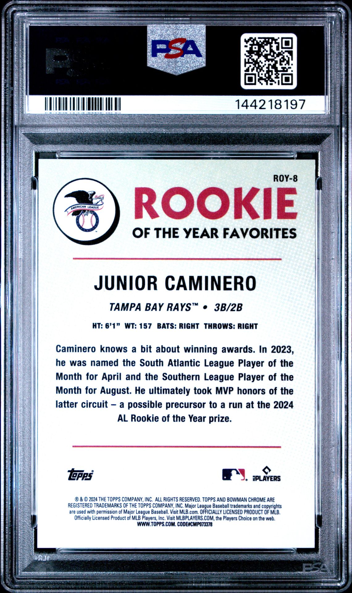 2024 Bowman Mega Box Chrome Rookie Of The Year Favorites Junior Caminero #Roy8 (Chrome-Roy Fave-Orange Ref) Gem Mt 10 back