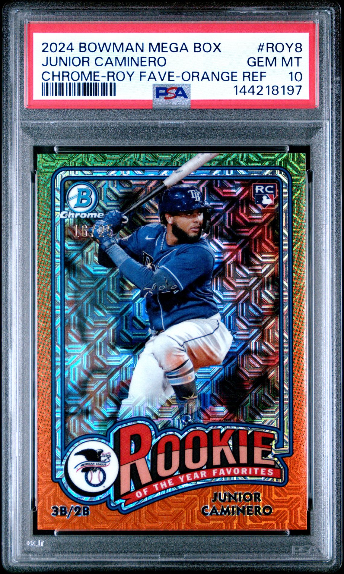 2024 Bowman Mega Box Chrome Rookie Of The Year Favorites Junior Caminero #Roy8 (Chrome-Roy Fave-Orange Ref) Gem Mt 10 front