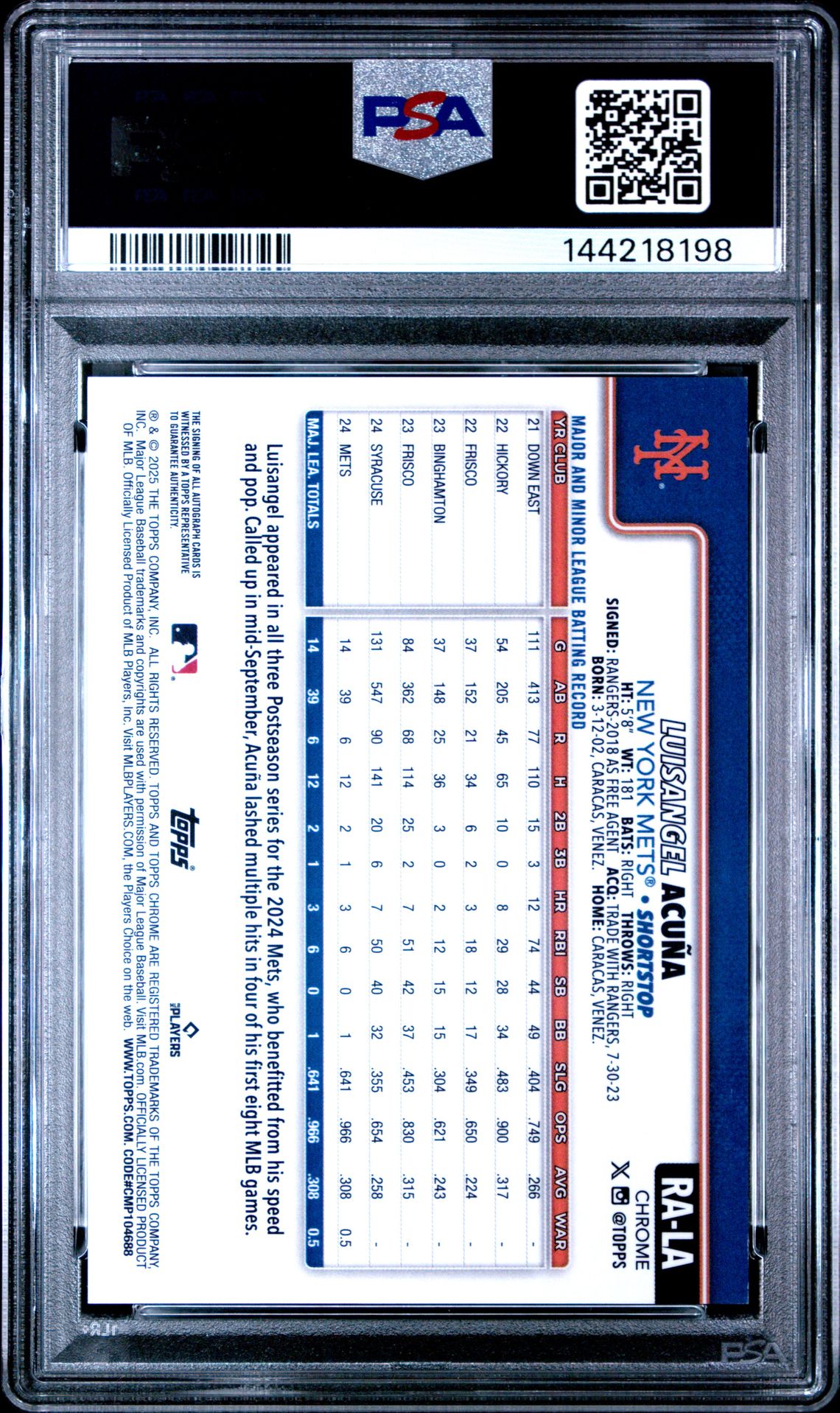 2025 Topps Chrome Rookie Autographs Luisangel Acuna #Rala (Rookie Autograph-Green Ref) Mint 9 back