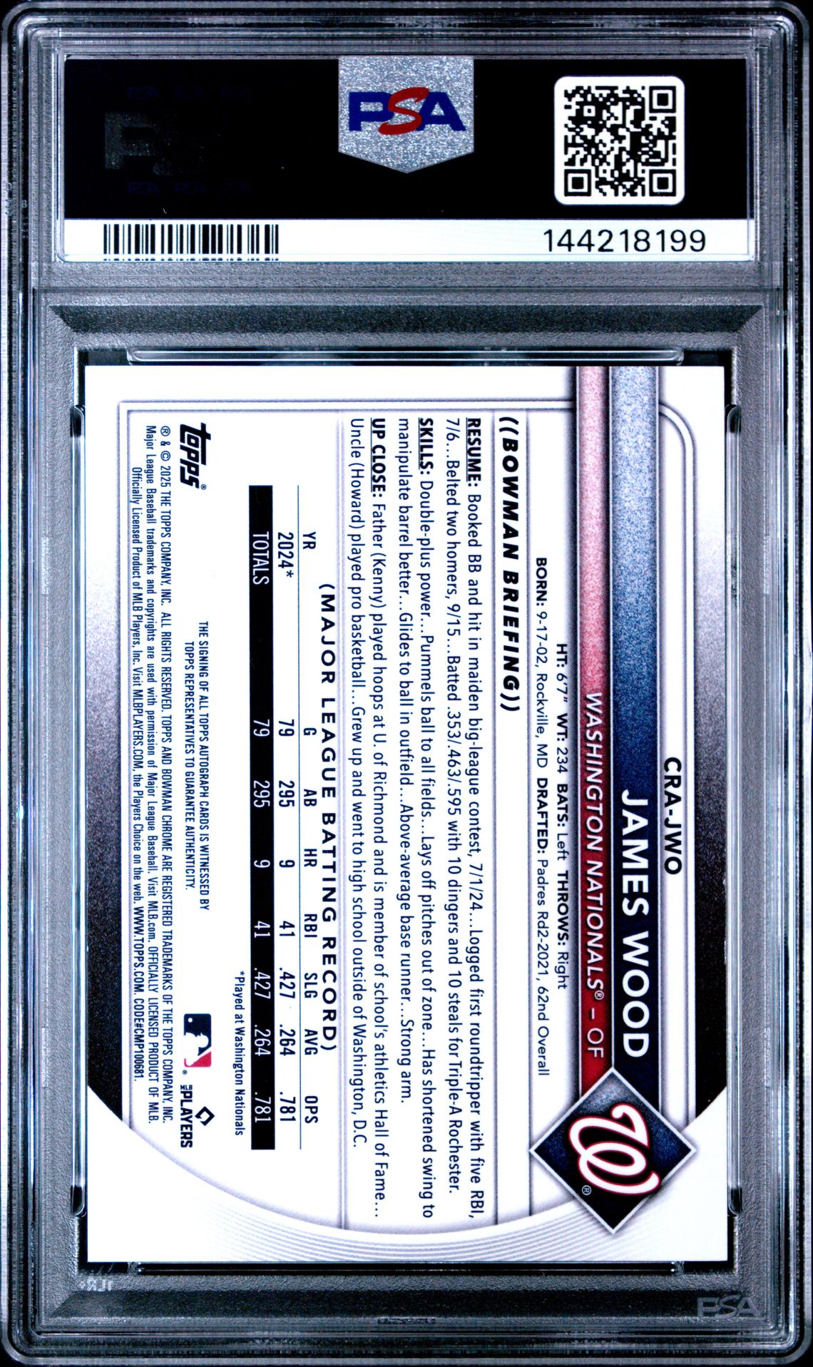 2025 Bowman Chrome Chrome Rookie Autographs James Wood #Cra-Jwo Mint 9 back