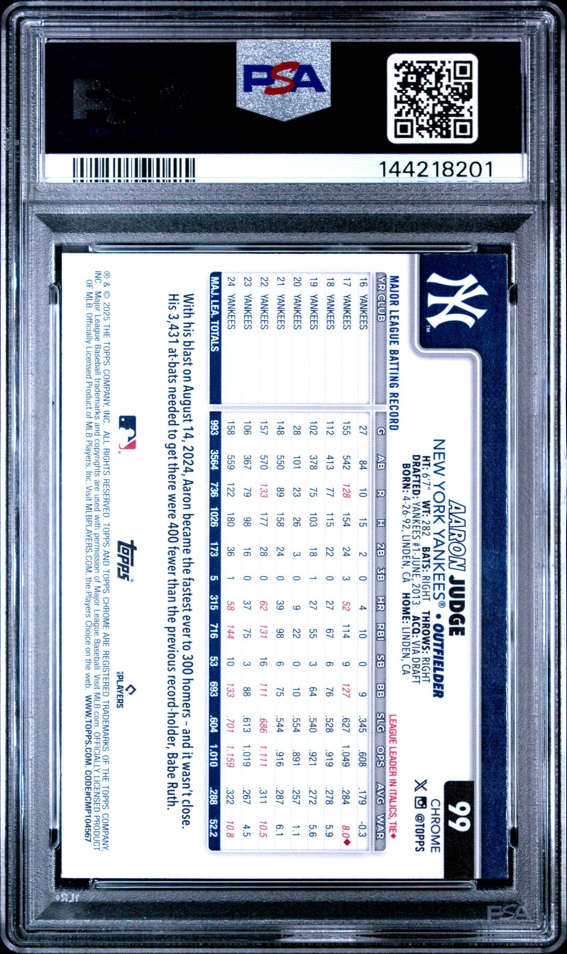 2025 Topps Chrome Aaron Judge #99 (Lightboard Logo Variation) Mint 9 back