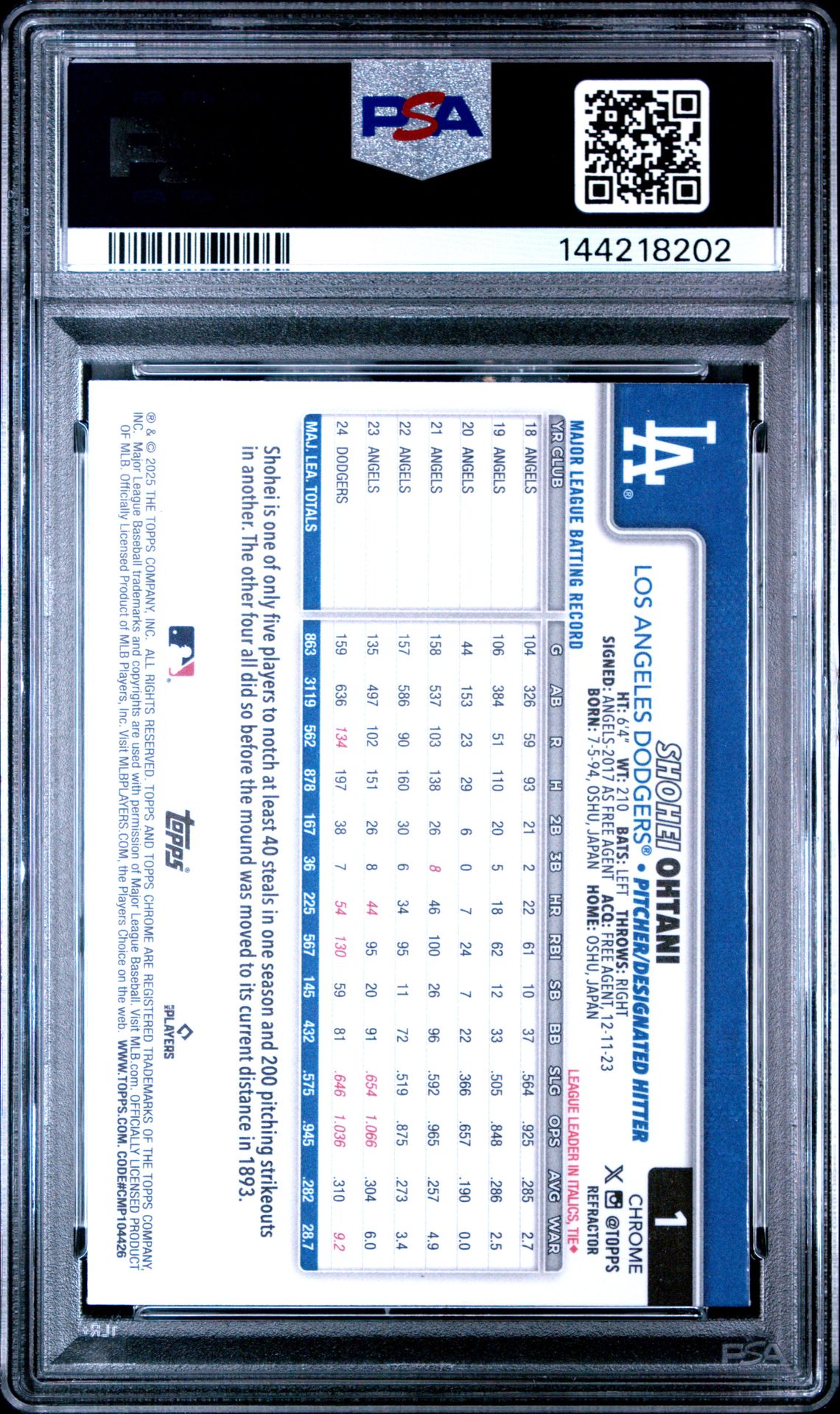 2025 Topps Chrome Shohei Ohtani #1 (Refractor) Mint 9 back