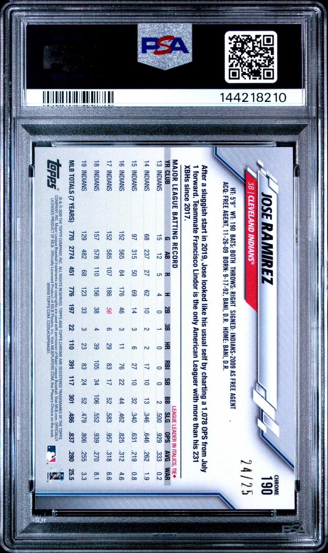 2020 Ben Baller Chrome Jose Ramirez #190 (Orange Refractor) Mint 9 back