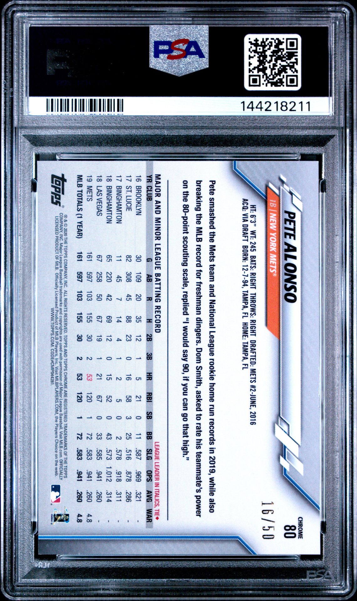 2020 Ben Baller Chrome Pete Alonso #80 (Gold Refractor) Mint 9 back