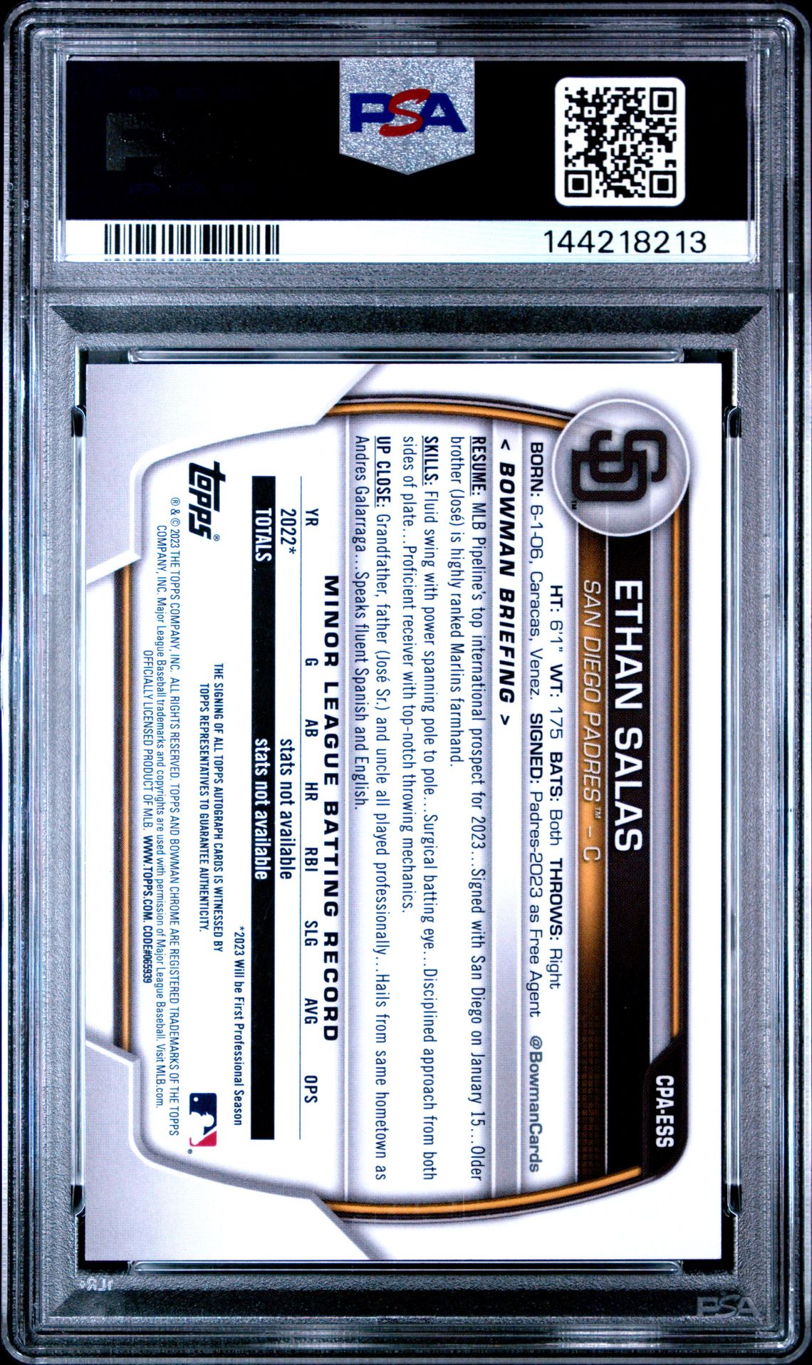 2023 Bowman Chrome Prospect Autographs Ethan Salas #Cpaess (Prospect Autograph) Mint 9 back