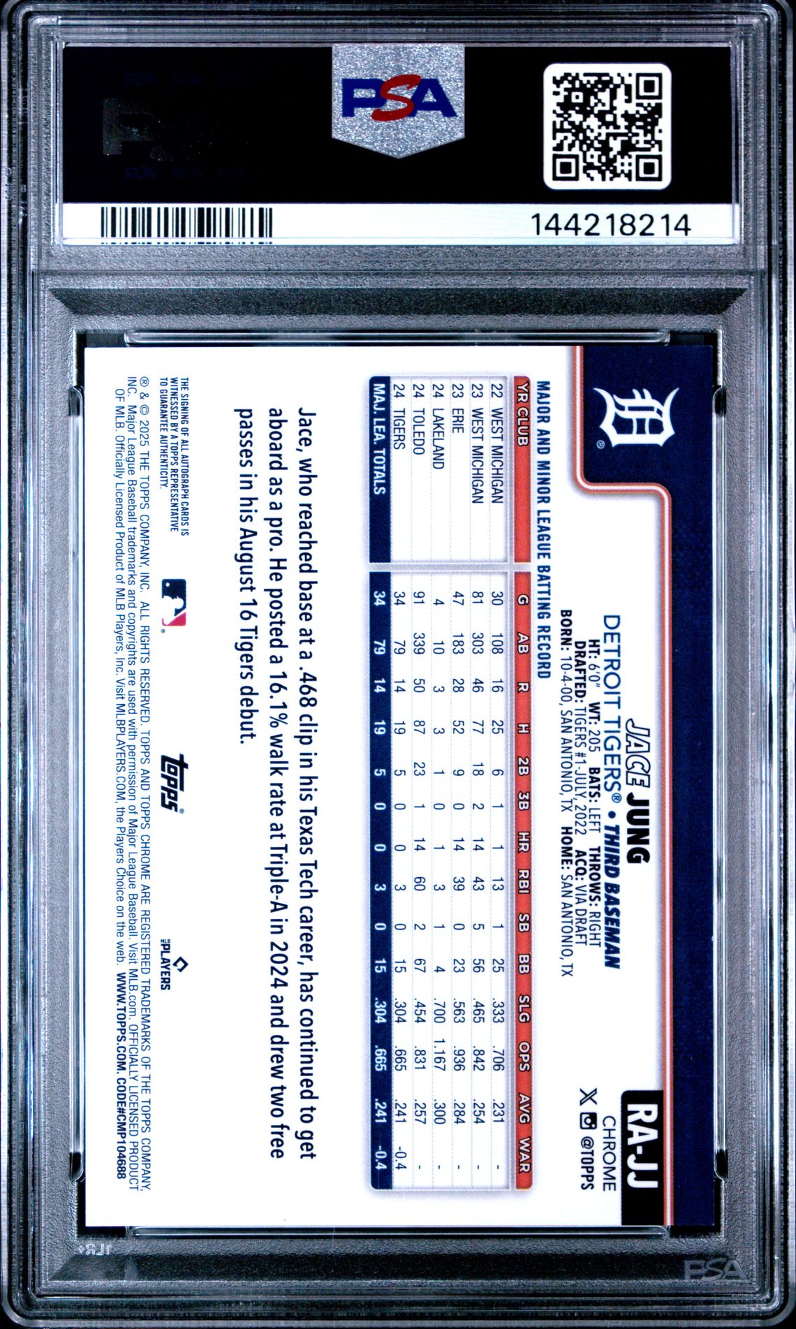 2025 Topps Chrome Update Rookie Autographs Jace Jung #Jj (Rookie Auto-B/Grn Lava Lamp) Mint 9 back