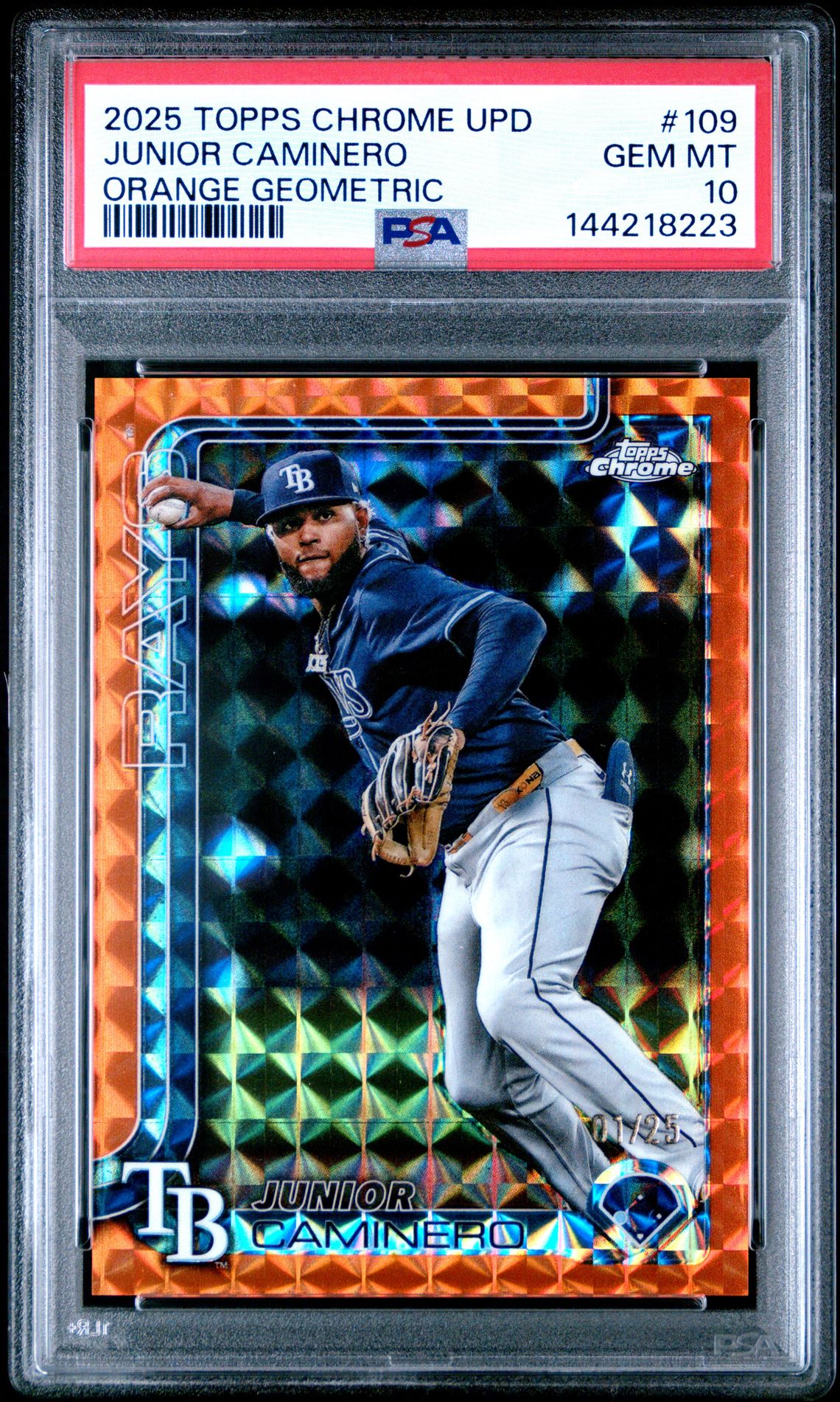 2025 Topps Chrome Update Junior Caminero #109 (Orange Geometric) Gem Mt 10 front