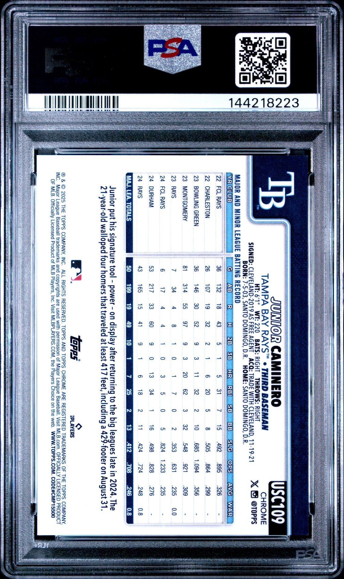 2025 Topps Chrome Update Junior Caminero #109 (Orange Geometric) Gem Mt 10 back