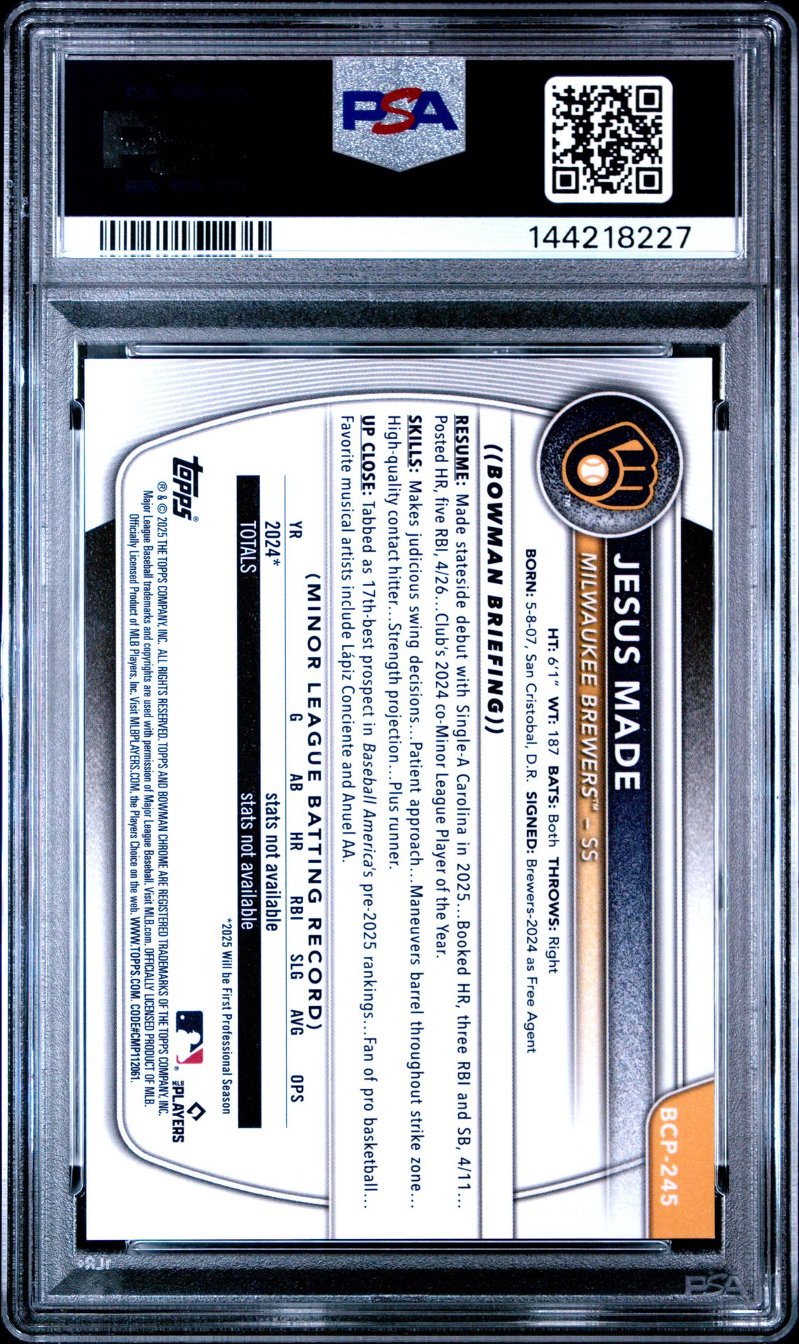 2025 Bowman Chrome Prospects Jesus Made #Bcp245 (Prospects-Green Reptilian) Gem Mt 10 back