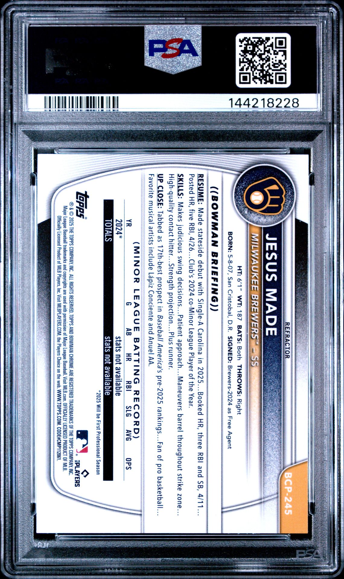 2025 Bowman Chrome Prospects Jesus Made #Bcp245 (Prospects-Refractor) Mint 9 back