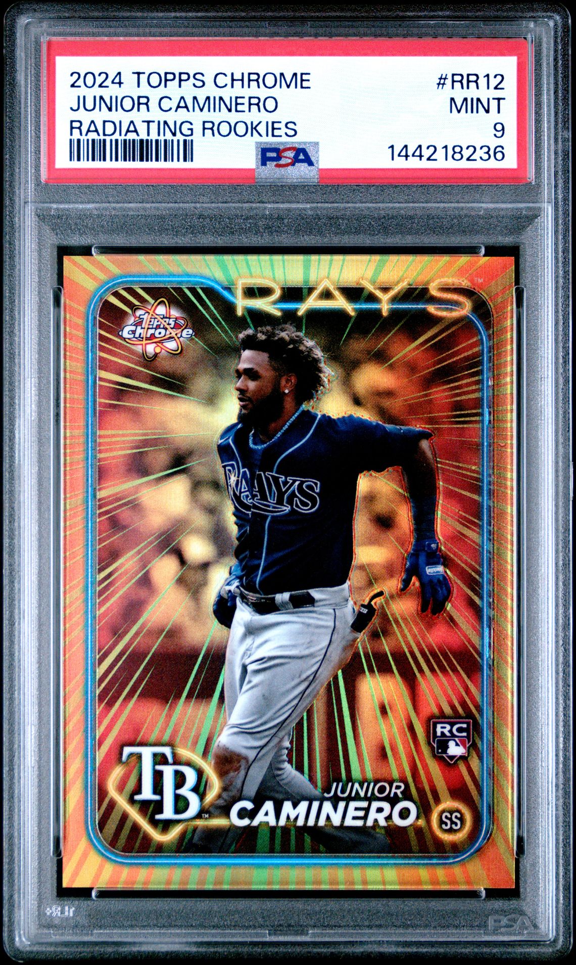 2024 Topps Chrome Radiating Rookies Junior Caminero #Rr12 Mint 9 front