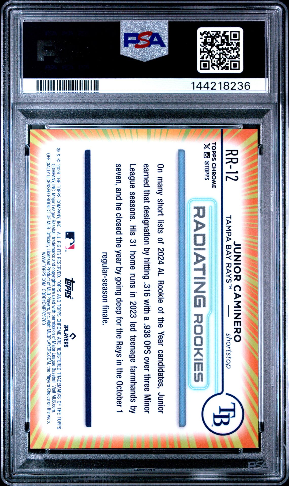 2024 Topps Chrome Radiating Rookies Junior Caminero #Rr12 Mint 9 back