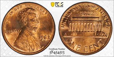 1982 1C Bronze, Large Date MS63RB