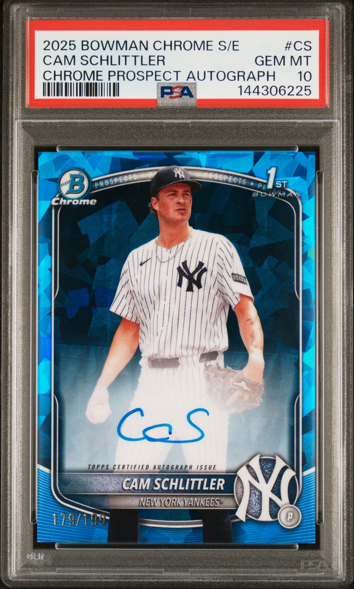 2025 Bowman Chrome Sapphire Edition Chrome Prospects Autographs Cam Schlittler #Cs Gem Mt 10 front
