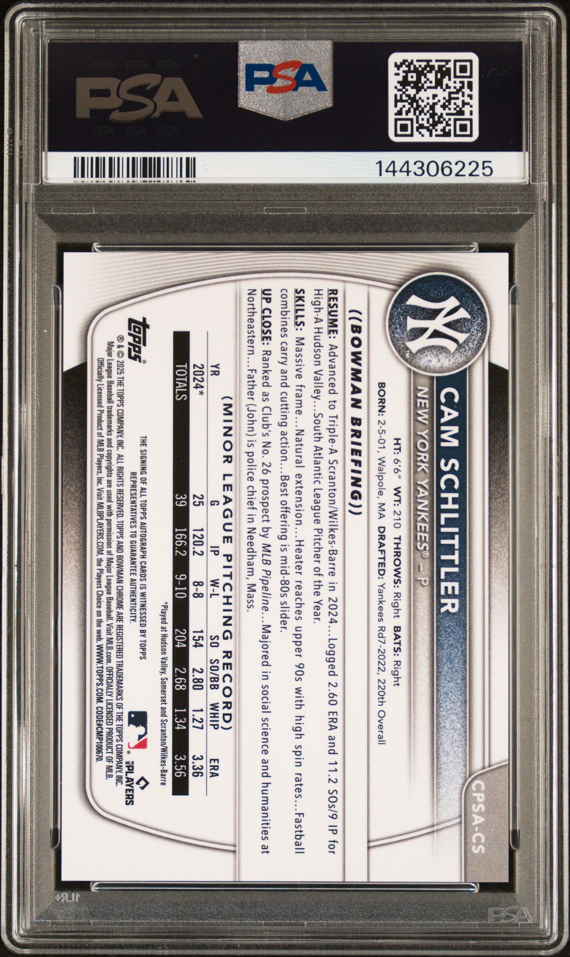 2025 Bowman Chrome Sapphire Edition Chrome Prospects Autographs Cam Schlittler #Cs Gem Mt 10 back
