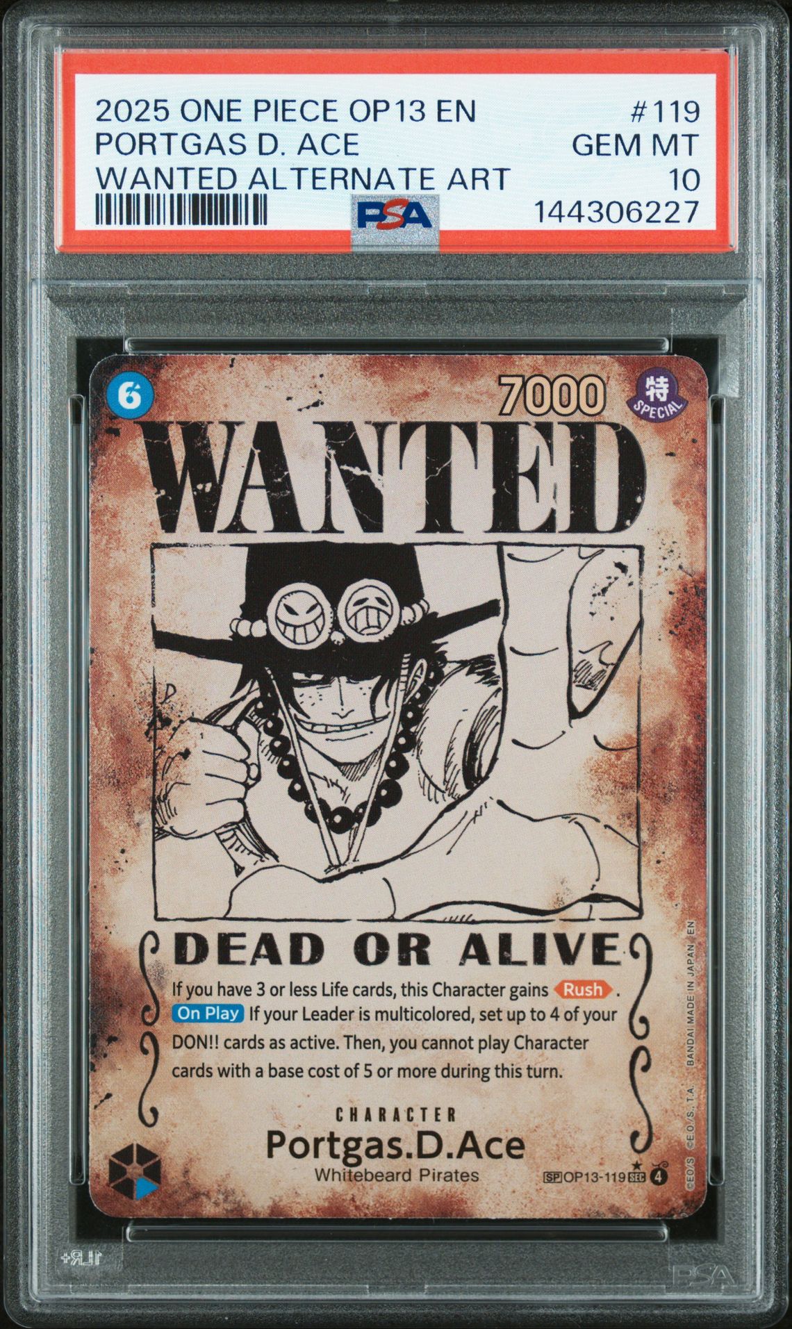 2025 One Piece Op13-Carrying On His Will Portgas D. Ace #119 (Wanted Alternate Art) Gem Mt 10 front