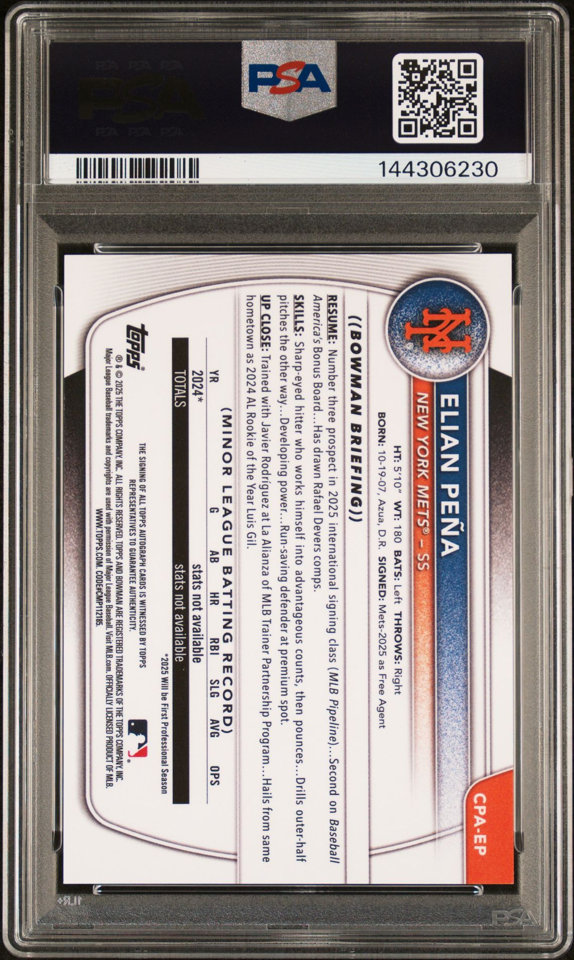 2025 Bowman Chrome Prospect Autographs Elian Pena #Cpaep (Chr Pros Auto-Gold Mini Dia) Gem Mt 10 back