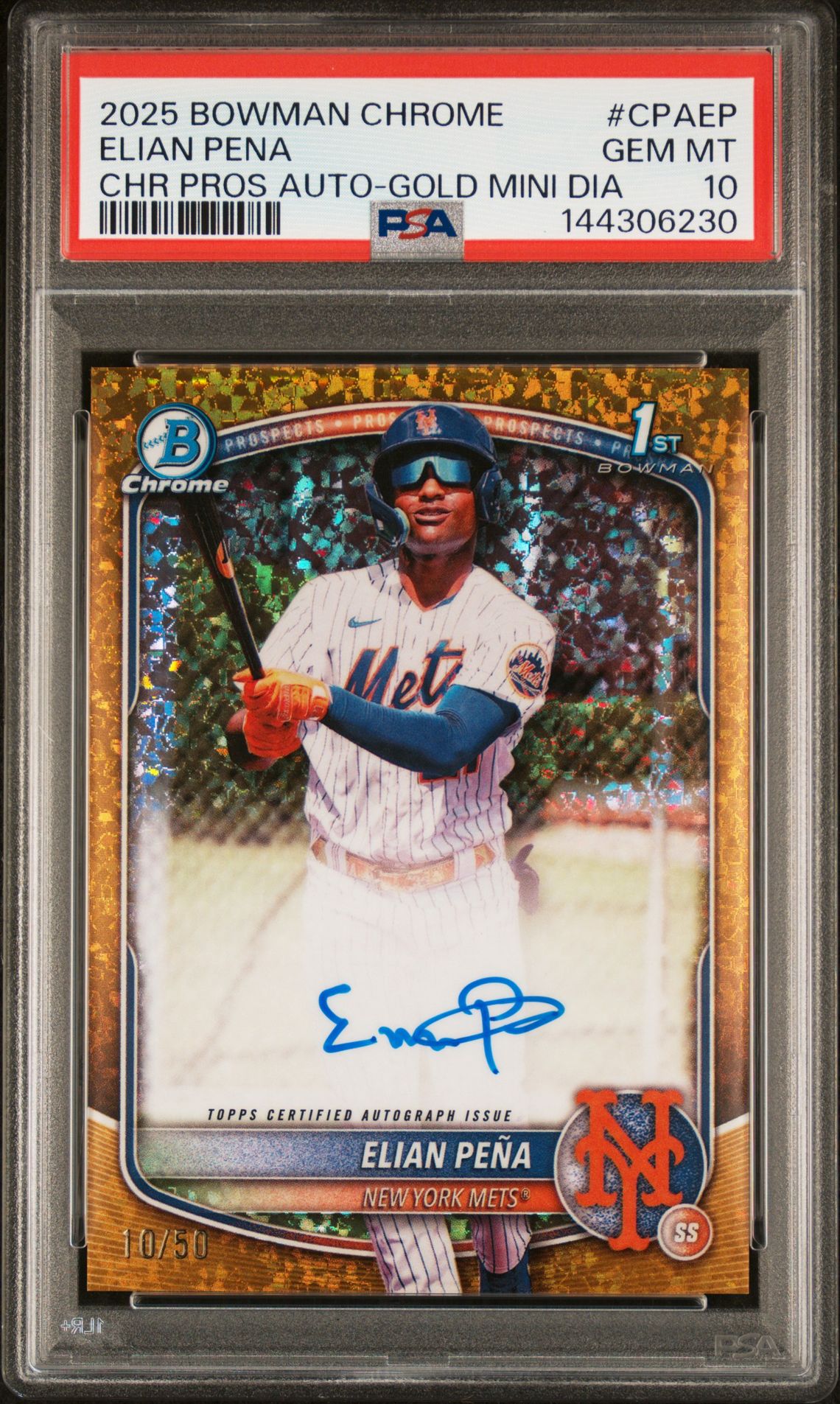 2025 Bowman Chrome Prospect Autographs Elian Pena #Cpaep (Chr Pros Auto-Gold Mini Dia) Gem Mt 10 front