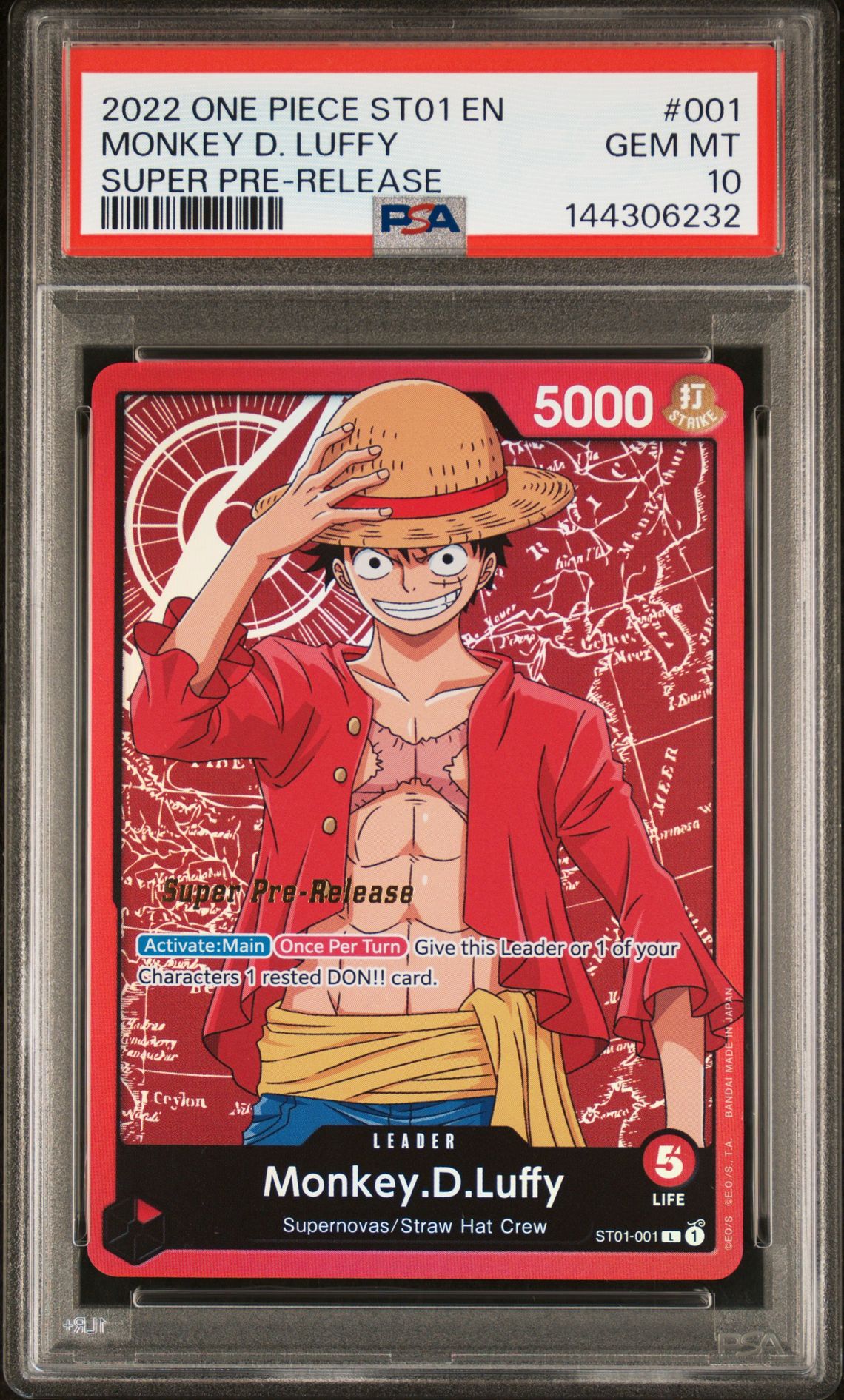 2022 One Piece Starter Deck St01-Straw Hat Crew Monkey D. Luffy #001 (Super Pre-Release) Gem Mt 10 front