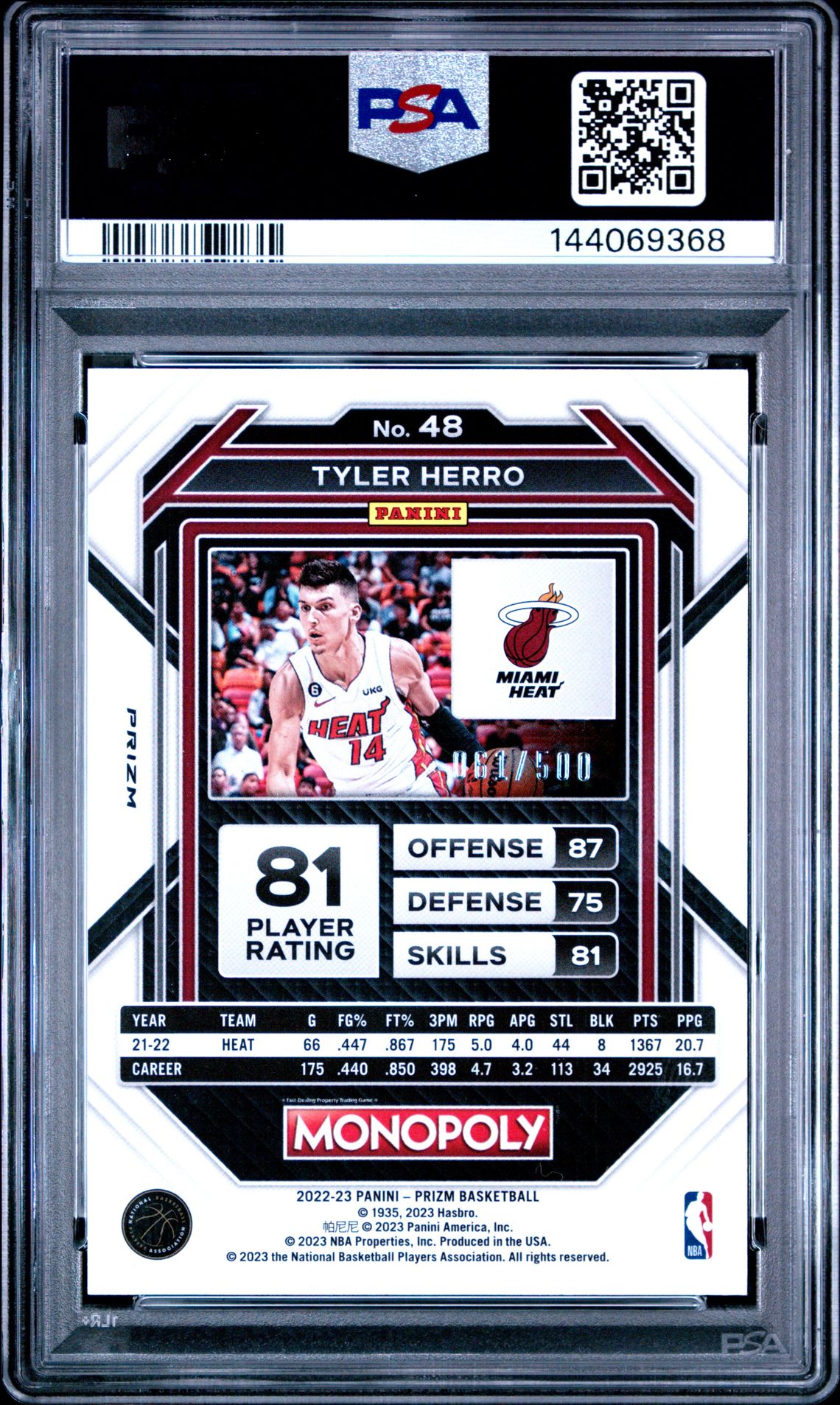 2022 Panini Prizm Monopoly Tyler Herro #48 (Gold Money Shimmer) Mint 9 back