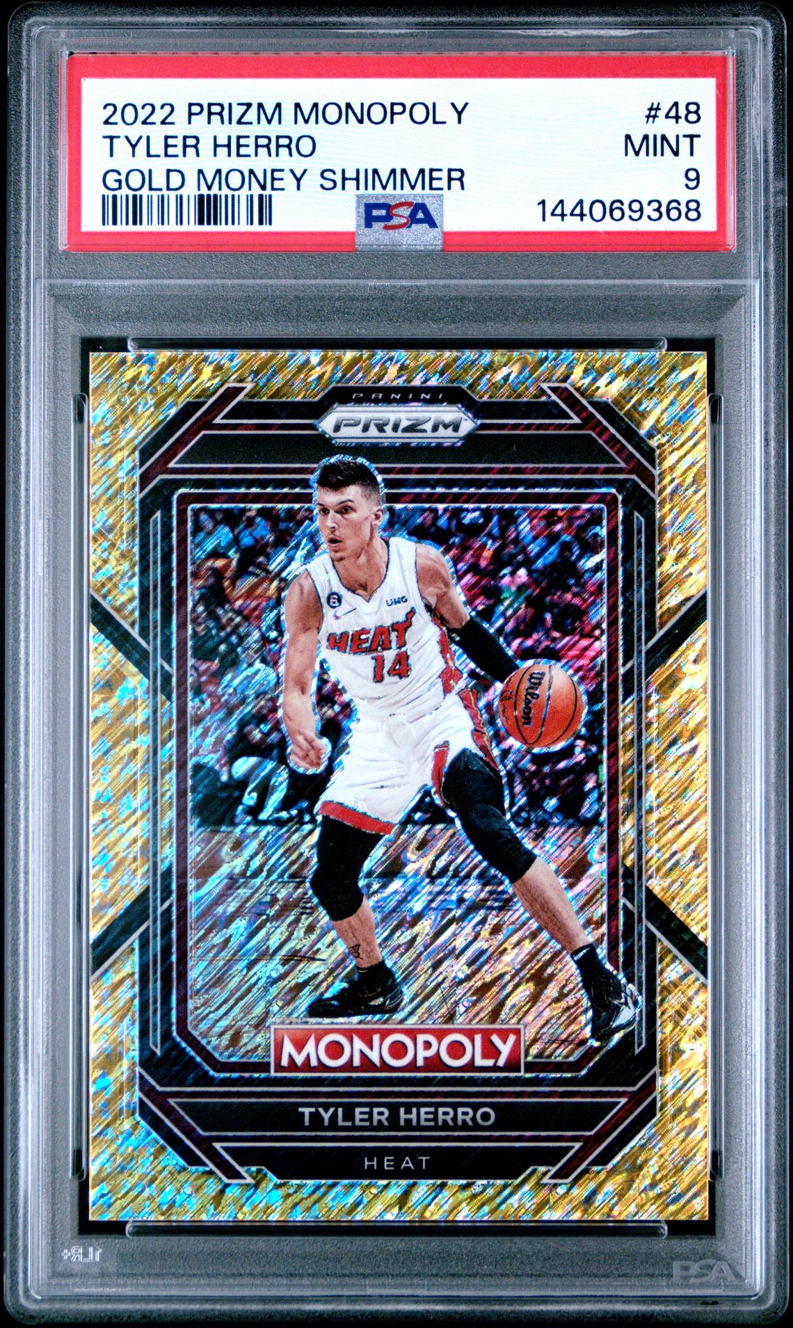2022 Panini Prizm Monopoly Tyler Herro #48 (Gold Money Shimmer) Mint 9 front