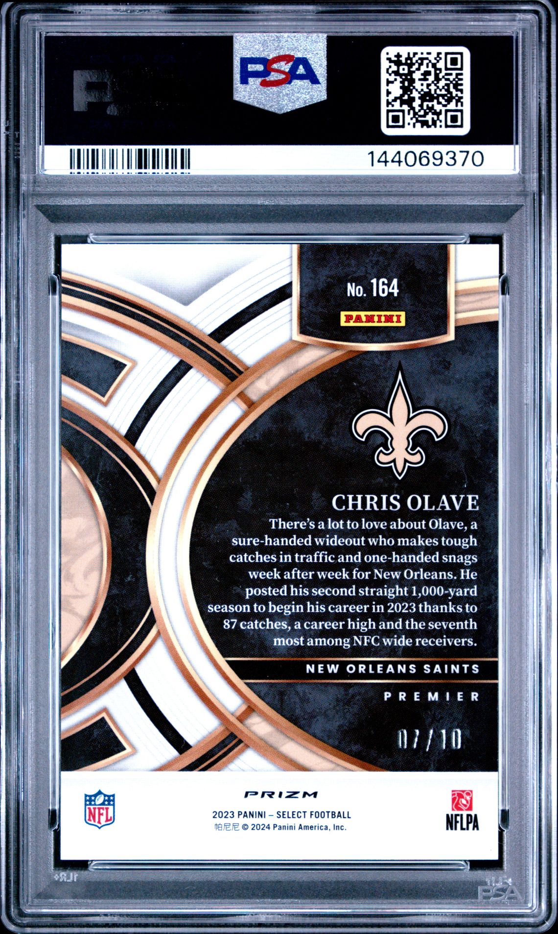 2023 Panini Select Chris Olave #164 (Gold Disco Prizm) Gem Mt 10 back view - PSA certificate #144069370